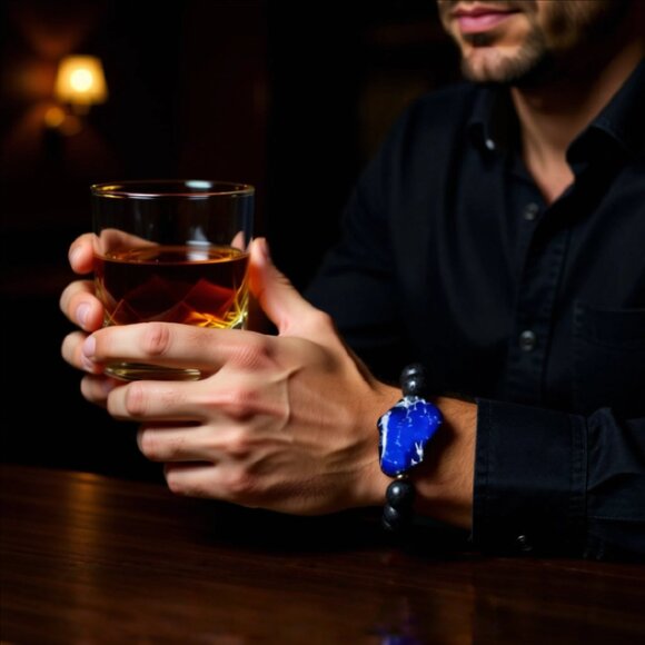 Blue Sea Sediment Jasper + Lava Beads Bracelet - Large Men's Bracelet 8.5" Wrist - Picture 3 of 11